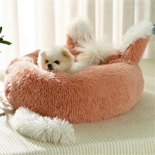 Plush Pet Bed with Ears and Tail - Cozy Cat and Small Dog Bed